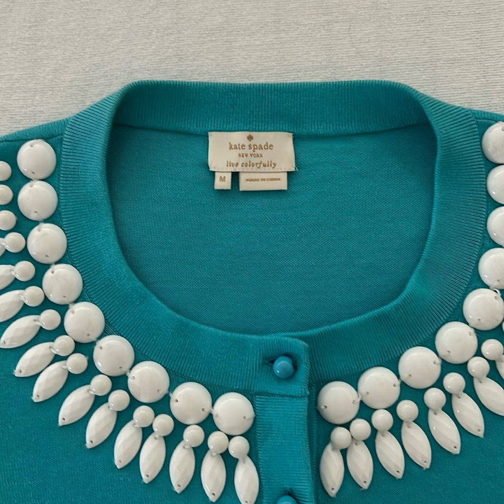 Kate Spade women’s medium button-down sweater teal beaded neckline 3/4 sleeves